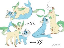  :&lt; :d :p animal_focus animal_hands black_eyes blue_fur brown_eyes brown_fur cetacean_tail fang fins fish_tail full_body green_fur head_fins highres leaf leafeon looking_at_another lying no_humans on_back open_mouth paw_up pawpads pokemon pokemon_(creature) pokemon_focus pp_7762 simple_background skin_fang smile standing tail tongue tongue_out vaporeon white_background yellow_fur 