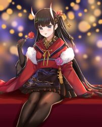  1girl azur_lane black_gloves black_hair black_skirt blurry blurry_background brown_pantyhose candy_apple feather_boa feet_out_of_frame food gloves hair_ornament hairclip hairpin highres holding holding_candy_apple holding_food horns japanese_clothes kimono kuwahara_taiki long_hair long_sleeves looking_at_viewer miniskirt noshiro_(azur_lane) noshiro_(uncharted_festival_grounds?)_(azur_lane) official_alternate_costume pantyhose pleated_skirt red_kimono red_sash saliva saliva_trail sash sitting skin-covered_horns skirt solo very_long_hair violet_eyes wide_sleeves 