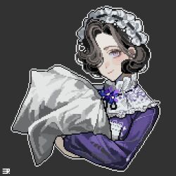  1girl ajinasi_nori black_hair black_ribbon blanket cropped_torso dress flower grey_background hair_over_one_eye highres holding holding_blanket maid maid_headdress neck_flower neck_ribbon one_eye_covered pixel_art purple_dress purple_flower reverse:1999 ribbon short_hair solo swaddled tuesday_(reverse:1999) upper_body 