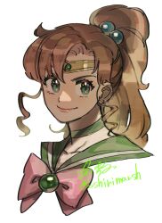  1girl bishoujo_senshi_sailor_moon bow brown_hair choker circlet closed_mouth collarbone dancho_no_mori earrings flower_earrings green_choker green_eyes green_sailor_collar hair_bobbles hair_ornament highres jewelry kino_makoto long_hair magical_girl pink_bow ponytail portrait sailor_collar sailor_jupiter simple_background smile solo twitter_username white_background 