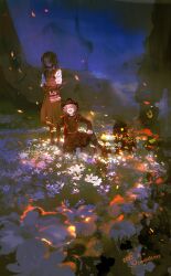  2boys absurdres apron bandage_over_one_eye blonde_hair boots brown_apron brown_boots brown_hair brown_jacket closed_eyes dated face_in_shadow fang field fire florian_brand florian_brand_(unlit_manuscript) flower flower_field grin hand_on_own_knee highres identity_v jacket male_focus matthias_czernin matthias_czernin_(lignarius) mechanical_arms medium_hair multiple_boys outstretched_hand scenery shirt sitting smile smyan twitter_username wavy_hair white_shirt wooden_limbs 