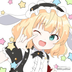  1girl ;d animal_ears black_hairband blonde_hair center_frills collared_shirt commentary employee_uniform fake_animal_ears fleur_de_lapin_uniform floppy_ears frilled_hairband frills gochuumon_wa_usagi_desu_ka? green_eyes hairband kirima_syaro mitya one_eye_closed open_mouth puffy_short_sleeves puffy_sleeves rabbit_ears shirt short_sleeves smile solo twitter_username upper_body waitress white_background white_shirt wrist_cuffs 