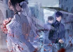  1girl 2boys back_cutout backless_dress backless_outfit black_hair black_robe black_umbrella bouquet bow braid braided_bun bridal_veil bride building burnt_clothes car changpao chinese_clothes chinese_commentary closed_eyes closed_mouth clothing_cutout dress elbow_gloves faceless faceless_male falling_petals flower frilled_sleeves frills from_side gem gloriosa_(flower) gloves hair_bow hair_bun highres holding holding_bouquet hualushui lips long_sleeves looking_at_another looking_to_the_side love_and_deepspace motor_vehicle multiple_boys oil-paper_umbrella outdoors parted_bangs pearl_(gemstone) petals profile protagonist_(love_and_deepspace) purple_hair purple_robe rafayel_(love_and_deepspace) rain red_flower road robe shared_umbrella short_hair short_sleeves sidelocks sideways_glance single_hair_bun street tassel two-tone_robe umbrella veil violet_eyes wedding_dress white_bow white_dress white_gloves 