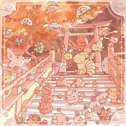  autumn_leaves bounsweet burmy cherubi chibi chimecho chingling darumaka ditto fennekin highres ho-oh jirachi leaf litwick munchlax nickit ninetales no_humans oddish ototo_(otokameseimen) outdoors pokemon pokemon_(creature) rowlet stairs stone_lantern swablu torii victini 