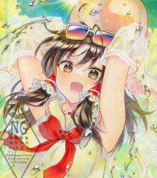  alto2019 armpits ball beachball bikini bow brown_eyes brown_hair commentary_request detached_sleeves eyewear_on_head hair_tubes hakurei_reimu hakurei_reimu_(leisurely_shrine_maiden_of_paradise) highres holding holding_ball holding_beachball looking_at_viewer open_mouth red_bow sample_watermark smile sunglasses swimsuit teeth touhou touhou_lostword upper_teeth_only water_drop watermark white_bikini 