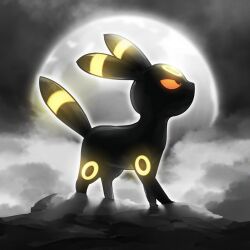  absurdres black_fur fog from_side full_body full_moon glowing highres moon night no_humans outdoors pokemon pokemon_(creature) red_eyes solo spicyichizo tail two-tone_fur umbreon yellow_fur 