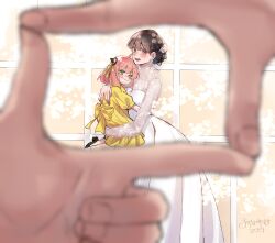  2girls ahoge anya_(spy_x_family) black_hair black_shoes blurry blurry_foreground blush breasts bride child closed_mouth dress feet_out_of_frame flower green_eyes hair_flower hair_ornament hairpods happy_tears highres lace lace_sleeves long_dress looking_at_viewer medium_breasts medium_hair multiple_girls open_mouth pink_hair puffy_short_sleeves puffy_sleeves red_eyes shoes short_sleeves smile spy_x_family tears umini_ikukara wedding wedding_dress white_dress white_flower yellow_dress yor_briar 