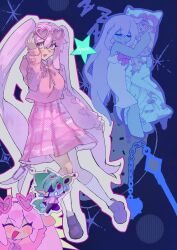  1girl absurdres adjusting_eyewear alternate_costume arm_up black_shoes blush captain_spaceboy character_charm charm_(object) chibi closed_eyes coajvejdgi1508 cropped_hoodie dakimakura_(object) dark-skinned_female dark_skin eyewear_on_head flail hair_down heart heart-shaped_eyewear highres hood hoodie long_hair long_sleeves looking_at_viewer omori open_mouth pillow pink-framed_eyewear pink_eyes pink_hair pink_hoodie pink_skirt shoes short_hair skirt sleeping smile socks solo sunglasses sweetheart_(omori) twintails weapon white_socks zzz 