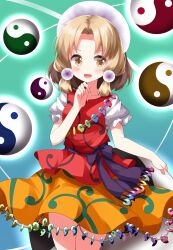  1girl belt blonde_hair blue_background blush bow breasts brown_eyes brown_hair collarbone commentary_request gradient_background green_background hair_ornament hand_up headdress highres jewelry looking_to_the_side magatama magatama_necklace medium_breasts multicolored_hair necklace open_mouth orange_skirt orb parted_bangs pearl_hair_ornament puffy_short_sleeves puffy_sleeves purple_belt purple_bow red_vest ruu_(tksymkw) shirt short_hair short_sleeves simple_background skirt smile solo standing tamatsukuri_misumaru tongue touhou two-tone_hair vest white_shirt yin_yang yin_yang_orb 