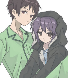  1boy 1girl brown_eyes brown_hair closed_mouth coat commentary_request fur-trimmed_coat fur_trim green_coat green_pajamas hood hood_up kyon looking_at_viewer nagato_yuki nanonome pajamas purple_hair short_hair simple_background suzumiya_haruhi_no_shoushitsu suzumiya_haruhi_no_yuuutsu white_background 