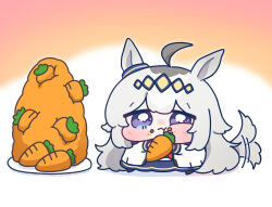  ahoge animal_ears blue_sailor_collar blue_skirt bow brooch diamond_hairband ear_bow ear_ornament glutton grey_hair grey_tail highres horse_ears horse_girl horse_tail jewelry neckerchief oguri_cap_(starlight_beat)_(umamusume) oguri_cap_(umamusume) red_neckerchief sailor_collar skirt star_brooch tail umamusume umamusume:_cinderella_gray yananang 