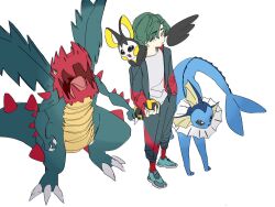  1boy animal_hands aqua_shoes black_eyes black_fur blue_fur bright_pupils cetacean_tail claws dragon druddigon emolga fangs fins fish_tail full_body green_hair grey_jacket grey_pants head_fins highres holding holding_poke_ball jacket looking_at_viewer pants parted_bangs poke_ball pokemon pokemon_(creature) pp_7762 red_eyes red_socks shirt shoes simple_background socks spikes standing tail ultra_ball vaporeon white_background white_fur white_pupils white_shirt yellow_eyes yellow_fur 
