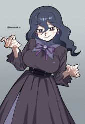  1girl absurdres bags_under_eyes black_dress black_hair blush breasts corset dress earrings ghost_pose goth_fashion grey_background hair_between_eyes hex_maniac_(pokemon) hex_maniac_(pokemon_legends:_z-a) highres jewelry komatsuki_n large_breasts long_dress long_hair long_sleeves looking_at_viewer neck_ribbon parted_lips pokemon pokemon_legends:_z-a purple_ribbon ribbon simple_background smile solo twitter_username violet_eyes wavy_hair 