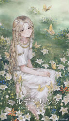 1boy absurdres artist_name blonde_hair bug butterfly closed_mouth commentary copyright_name elden_ring elden_ring:_shadow_of_the_erdtree eyelashes highres long_hair male_focus miquella_(elden_ring) on_grass robe simica sitting solo trap twitter_username very_long_hair wavy_hair white_robe yellow_butterfly yellow_eyes 