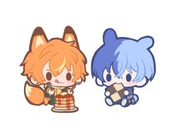  2boys animal_ears aoyagi_touya blonde_hair blue_hair chibi commentary cookie earrings extra_ears food food_in_mouth fork fox_boy fox_ears fox_tail hachio_(80hch0) highres holding holding_food holding_fork holding_knife jewelry knife male_focus mole mole_under_eye multicolored_hair multiple_boys orange_hair pancake pancake_stack plate project_sekai rabbit_boy rabbit_ears rabbit_girl shinonome_akito short_hair simple_background sitting split-color_hair streaked_hair stud_earrings symbol-only_commentary tail tongue tongue_out two-tone_hair white_background 