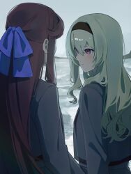  2girls arm_at_side black_hairband blonde_hair blue_bow blush bow brown_hair closed_mouth day facing_away from_behind grey_jacket grey_skirt hair_between_eyes hair_bow hairband half_updo hashtag-only_commentary highres jacket long_hair long_sleeves looking_at_another looking_to_the_side multiple_girls outdoors overcast pink_eyes raven_(rnzraven) saijou_claudine school_uniform seishou_music_academy_uniform shoujo_kageki_revue_starlight sidelocks skirt sky tendou_maya very_long_hair wavy_hair yuri 