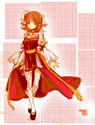  1girl 2012 arch_bishop_(ragnarok_online) artist_name black_shoes blue_eyes breasts brown_hair chinese_commentary cleavage_cutout closed_mouth clothing_cutout commentary_request cross dress expressionless fishnet_thighhighs fishnets frilled_thighhighs frills full_body juliet_sleeves long_sleeves looking_at_viewer medium_breasts mitsukisumi puffy_sleeves ragnarok_online red_dress sash shoes short_hair solo standing thigh-highs two-tone_dress white_dress white_thighhighs yellow_sash 