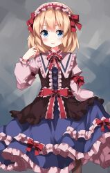  1girl alice_margatroid black_shirt blonde_hair blue_eyes blue_skirt blush bow bow_skirt brown_pantyhose center_frills classic_lolita commentary_request cowboy_shot cross-laced_clothes cross-laced_top frilled_bow frilled_hairband frilled_ribbon frilled_skirt frills grey_sleeves hair_bow hairband hand_up highres lolita_fashion lolita_hairband long_sleeves looking_at_viewer medium_hair open_mouth pantyhose red_bow red_hairband red_ribbon ribbon ruu_(tksymkw) shirt skirt skirt_hold sleeve_bow sleeve_garter solo standing touhou 