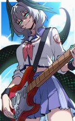  1girl absurdres angel_beats! aqua_eyes aqua_nails arknights blue_sailor_collar blue_skirt cosplay cowboy_shot cropped_shirt dryegen electric_guitar feathered_wings fender_stratocaster grey_hair guitar hair_between_eyes head_wings highres ho'olheyak_(arknights) holding holding_guitar holding_instrument instrument iwasawa_masami iwasawa_masami_(cosplay) long_tail looking_at_viewer medium_hair neckerchief parted_lips red_neckerchief sailor_collar school_uniform serafuku shinda_sekai_sensen_uniform shirt skirt slit_pupils smile snake_tail solo tail white_shirt wings 