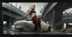  1girl absurdres ahoge animal_ear_fluff animal_ears artist_name bandaged_arm bandages black_shirt car cat_ears clothes_around_waist crop_top hazard_stripes headphones headphones_around_neck highres holding_detached_steering_wheel jacket jacket_around_waist kokono_ka letterboxed license_plate long_hair mazda_mx-5 midriff motor_vehicle multicolored_hair navel on_car original outdoors overpass pants puddle rain red_hair red_pants reflection reflective_water road road_sign shirt shoes sign sneakers solo speed_limit_sign steering_wheel water white_car white_hair yellow_eyes 