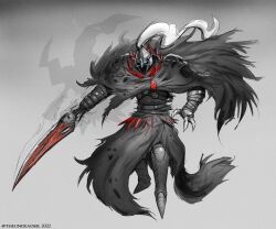  1boy arm_armor armor armored_boots black_armor black_capelet blue_sclera boots breastplate capelet cloak colored_sclera cuisses darkrai gauntlets greaves grey_background grey_cloak grey_helmet helmet holding holding_sword holding_weapon knight leg_armor official_art_inset personification pokemon poleyn rerebrace sabaton shoulder_pads spiked_helmet strap sword theundeadeel torn_capelet torn_cloak torn_clothes weapon 