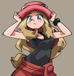  1girl blonde_hair blue_eyes blush_stickers eyewear_on_headwear grey_background hat highres long_hair looking_at_viewer mega_ring notus_49 pink_hat pokemon pokemon_xy red_skirt serena_(pokemon) shirt simple_background skirt sleeveless sleeveless_duster sleeveless_shirt solo sunglasses upper_body white-framed_eyewear 