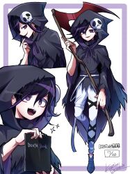  1boy :d absurdres artist_name black_hair black_shirt cape death_note english_text highres holding holding_scythe hood hood_up kujira_pyon_ka long_sleeves medium_hair multicolored_hair multiple_views oma_kokichi pants pink_hair scythe shirt shoes signature skull_ornament smile torn_cape torn_clothes torn_shirt translation_request two-tone_hair white_background white_pants 