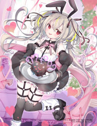  1girl animal_ears black_bow black_dress black_ribbon black_shoes blonde_hair bow bow_legwear candy chocolate copyright_notice couch detached_sleeves dress floating_hair food fork grey_hair hair_between_eyes hair_ribbon hastur_(z/x) heart heart-shaped_chocolate heart-shaped_food heart-shaped_pupils holding holding_plate indoors looking_at_viewer loose_socks multicolored_hair official_art plate rabbit_ears red_eyes ribbon satsuki_mayuri shoes socks solo standing standing_on_one_leg symbol-shaped_pupils tongue tongue_out twintails z/x 