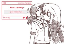  ! 2girls backwards_hat baseball_cap breasts closed_mouth ethan_(pokemon) fang genderswap genderswap_(mtf) greyscale hat jacket kiss long_hair looking_at_another medium_hair monochrome multicolored_hat multiple_girls open_mouth pokemon pokemon_hgss short-sleeved_jacket short_sleeves silver_(pokemon) small_breasts sofo_soup strawpage sweatdrop yuri zipper_pull_tab 