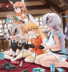 4girls animal_ears animal_hood bag_of_chips barefoot belly black_gloves blonde_hair blue_eyes blue_hair blush boa_constrictor_(kemono_friends) bottle bow bowtie braid brown_eyes brown_hair caracal_(kemono_friends) closed_mouth collared_shirt controller cropped_shirt day extra_ears ezo_red_fox_(kemono_friends) fangs food food_in_mouth from_side fur-trimmed_sleeves fur_trim game_console game_controller gloves grey_hair hair_between_eyes highres holding holding_bottle holding_controller holding_game_controller hood hood_down hooded_vest hoodie indoors jacket kemono_friends kemono_friends_3 long_hair long_tail looking_at_another medium_hair midriff miniskirt monkey_ears monkey_girl mouth_hold multicolored_hair multiple_girls navel necktie open_clothes open_mouth open_vest orange_eyes orange_hair orange_jacket pantyhose parted_lips playing_games pocky pocky_in_mouth scarf sega_mega_drive sega_mega_drive_controller shirt short_sleeves sidelocks single_braid sitting skin_fangs skirt slit_pupils snake_hood snake_tail standing stomach tail titanoboa_(kemono_friends) toriny two-tone_hair utility_vest v-shaped_eyebrows very_long_hair vest white_shirt wing_collar