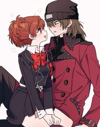  1boy 1girl aragaki_shinjirou beanie black_hat black_jacket black_skirt blush bow brown_eyes brown_hair buttons coat digital_media_player digital_walkman double-breasted earphones feet_out_of_frame flower_symbol gekkoukan_high_school_uniform hair_between_eyes hands_on_lap hat hetero highres jacket lapels long_sleeves looking_at_another medium_hair open_mouth parted_lips persona persona_3 persona_3_portable red_bow red_coat red_eyes red_hair school_uniform shiomi_kotone shiryoku_kensa simple_background sitting sitting_on_lap sitting_on_person skirt smile sweatdrop walkman_nw-s203f white_background 