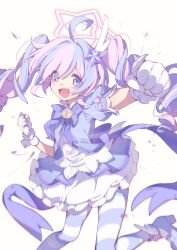  1girl :d absurdres ahoge blue_archive bow bowtie clenched_hand dress gloves hair_ornament halo highres incoming_attack incoming_punch long_hair looking_at_viewer magical_girl multicolored_hair official_alternate_costume open_mouth pink_hair puffy_short_sleeves puffy_sleeves punching purple_bow purple_bowtie purple_dress purple_hair purple_shoes purple_thighhighs reisa_(blue_archive) reisa_(magical)_(blue_archive) shoes short_sleeves smile solo star_(symbol) star_hair_ornament streaked_hair striped_clothes striped_thighhighs thigh-highs two-tone_hair two-tone_thighhighs very_long_hair violet_eyes white_background white_gloves white_halo white_thighhighs white_wrist_cuffs wing_hair_ornament wrist_cuffs youguo_naberu 