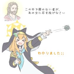  &gt;_&lt; 1boy 1girl animal_ear_headwear blue_archive blue_neckerchief blush_stickers commentary dress halo highres jesus long_hair long_sleeves mari_(blue_archive) motion_lines neckerchief nun open_mouth orange_hair ossa_2019 pebble school_uniform simple_background the_bible throwing translated white_background yellow_halo 