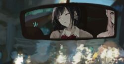  1girl 1other akiyama_mizuki bob_cut bow bowtie braid car_interior closed_eyes coll diagonal-striped_bow diagonal-striped_bowtie diagonal-striped_clothes kamiyama_high_school_uniform_(project_sekai) parted_lips pink_eyes pink_hair project_sekai rear-view_mirror school_uniform shinonome_ena short_hair sleeping striped_bow striped_bowtie striped_clothes vovoo_o 