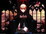  1girl blonde_hair blood dark_saber fate/hollow_ataraxia fate/stay_night fate_(series) gothic saber siting tagme thighhighs throne yellow_eyes 