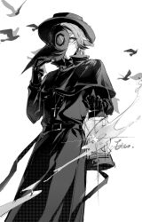  1boy alternate_costume aotsuki_eito belt bird character_name chi_bu92189 chinese_commentary coat commentary_request glint greyscale hat hatching_(texture) highres holding holding_lantern lantern looking_at_viewer male_focus mask monochrome mouth_mask plague_doctor_mask short_hair solo the_hundred_line_-last_defense_academy- 