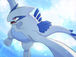  clouds day flying garibo lugia no_humans open_mouth outdoors pokemon pokemon_(creature) red_eyes solo water 