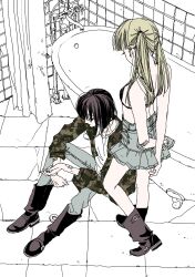  2girls bad_link bathroom bathtub bdsm black_hair blonde_hair bondage boots bound bra denim highres jacket jeans medium_hair miniskirt multiple_girls nui_nakato original pants short_hair sitting skirt twintails underwear 