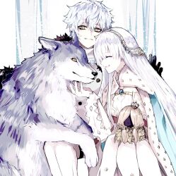  1boy 1girl anastasia_(fate) black_gloves closed_eyes doll dress fate/grand_order fate_(series) gloves gold_hairband grey_hair hairband heart holding holding_doll kadoc_zemlupus long_hair scratching_chin smile sodamachi white_dress wolf yellow_eyes 