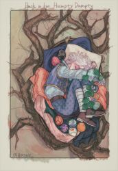  1boy bandaged_leg bandages bandages_over_clothes belt blue_pants blue_shirt blue_vest branch brown_belt brown_shoes closed_eyes curled_up egg english_text from_above gloves gold_trim highres hkmsny identity_v male_focus matthias_czernin matthias_czernin_(the_boy_who_fell) nest pants polka_dot polka_dot_pants polka_dot_shirt shirt shoes single_glove sleeping striped_clothes striped_vest twitter_username vest white_gloves white_hair 