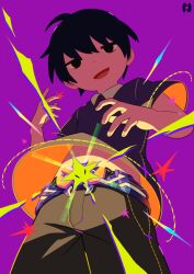  1boy bad_id bad_tumblr_id belt black_eyes black_hair from_below looking_at_viewer looking_down male_focus noeyebrow_(mauve) open_mouth original purple_background shirt shorts simple_background solo 