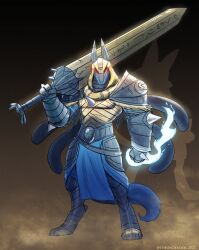  1other absurdres arm_armor armor armored_boots armored_dress armored_gloves bandaged_chest bandages boots clenched_hand colored_sclera dress faulds fur-trimmed_armor fur_trim gradient_background greaves grey_armor hieroglyphics highres holding holding_sword holding_weapon leg_armor lucario magic mega_lucario mega_pokemon official_art_inset over_shoulder pokemon pokemon_(creature) red_sclera scarf shoulder_armor solo sword sword_over_shoulder tassets theundeadeel weapon weapon_over_shoulder yellow_hood yellow_scarf 