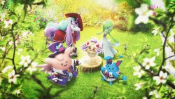  3d alcremie alcremie_(strawberry_sweet) alcremie_(tea_party) azumarill azumarill_(tea_party) black_eyes blue_bow bob_cut bow clefable clefable_(fashionable) clothed_pokemon colored_skin dress galarian_rapidash galarian_rapidash_(elegant) gardevoir grass green_hair green_skin hat highres horns multicolored_skin official_art on_grass pink_eyes pink_skin pokemon pokemon_(creature) pokemon_unite purple_bow single_horn third-party_source top_hat tree_stump two-tone_skin unicorn white_dress white_skin 