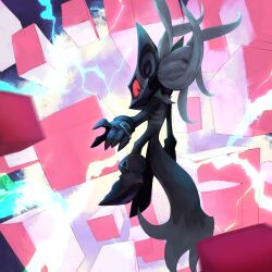  1boy black_gloves cube electricity full_body furry furry_male gloves highres infinite_(sonic) kyuri_bakuhatu long_hair looking_at_viewer looking_back male_focus signature solo sonic_(series) sonic_forces white_hair 