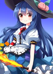  1girl black_hat blue_hair blue_skirt blush bow bowtie buttons center_frills closed_mouth collared_shirt commentary_request cowboy_shot eyes_visible_through_hair fire flaming_sword flaming_weapon food frilled_skirt frills fruit hair_between_eyes hat highres hinanawi_tenshi holding holding_sword holding_weapon long_hair peach peach_hat_ornament puffy_short_sleeves puffy_sleeves red_bow red_bowtie red_eyes ruu_(tksymkw) shirt short_sleeves skirt smile solo split_mouth standing sword touhou weapon white_shirt 