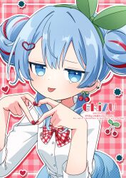  1girl 421ooouy artist_name blue_eyes blue_hair blush bow bow_hairband bowtie buttons cherry_earrings cherry_pop_(vocaloid) closed_mouth collared_shirt commentary dot_nose double_bun drop_shadow ear_piercing earrings food-themed_earrings four-finger_heart_hands gingham_background gingham_bow gingham_bowtie green_hairband hair_bun hairband hatsune_miku heart heart_hands highres inset_border jewelry long_sleeves looking_at_viewer multicolored_hair outline piercing red_background red_bow red_bowtie red_hair shirt short_hair solo streaked_hair two-tone_hair upper_body vocaloid watermark white_outline white_shirt 