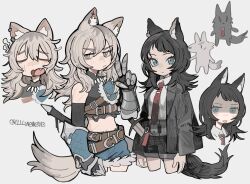  2girls animal_ear_piercing animal_ears arknights armored_gloves bang_dream! bang_dream!_it&#039;s_mygo!!!!! black_hair black_jacket black_shorts blonde_hair blue_eyes blue_shorts censored commentary crop_top detached_sleeves fang grey_eyes grey_hair hair_between_eyes hashtag-only_commentary highres jacket kawaragi_momoka kemonomimi_mode llllwewewe long_hair midriff mosaic_censoring multiple_girls navel open_mouth shorts simple_background tail tongue tongue_out v white_background wolf_ears wolf_girl wolf_tail yahata_umiri yahata_umiri_(moonlight_executioner) 
