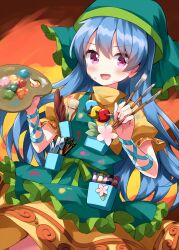  1girl :d apron art_brush between_fingers blue_hair blush chisel commentary_request dress feathers flower frilled_apron frills green_apron green_headscarf green_hood haniyasushin_keiki headscarf highres holding holding_paint_palette holding_paintbrush jewelry long_hair magatama magatama_necklace necklace open_mouth orange_dress paint_palette paint_tube paintbrush pocket puffy_short_sleeves puffy_sleeves ruu_(tksymkw) short_sleeves single_strap smile solo touhou upper_body v-shaped_eyebrows very_long_hair violet_eyes 