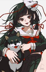  1girl absurdres akiwashi animal arched_bangs artist_name black_hair black_serafuku black_shirt black_skirt commentary_request cowboy_shot dated dog dog_mask fingernails hair_ribbon highres ligne_claire long_hair long_sleeves looking_at_viewer low_twintails nail_polish neckerchief open_mouth original pet pleated_skirt red_eyes red_nails red_neckerchief red_ribbon ribbon sailor_collar school_uniform serafuku shiba_inu shirt simple_background skirt smile solo twintails white_background white_sailor_collar 