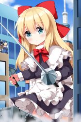  3girls alice_margatroid apron back_bow black_dress black_hat blonde_hair blue_dress blush bow bowtie broken_glass building capelet city closed_mouth commentary_request day destruction dress dual_wielding eyes_visible_through_hair frilled_apron frilled_capelet frilled_dress frills giant giantess glass goliath_doll hair_between_eyes hair_bow hat highres holding holding_sword holding_weapon kirisame_marisa long_hair long_sleeves multiple_girls notice_lines outdoors railing rapier red_bow red_bowtie ruu_(tksymkw) short_hair smoke standing sword touhou waist_apron waving weapon white_apron white_bow white_capelet window witch_hat 